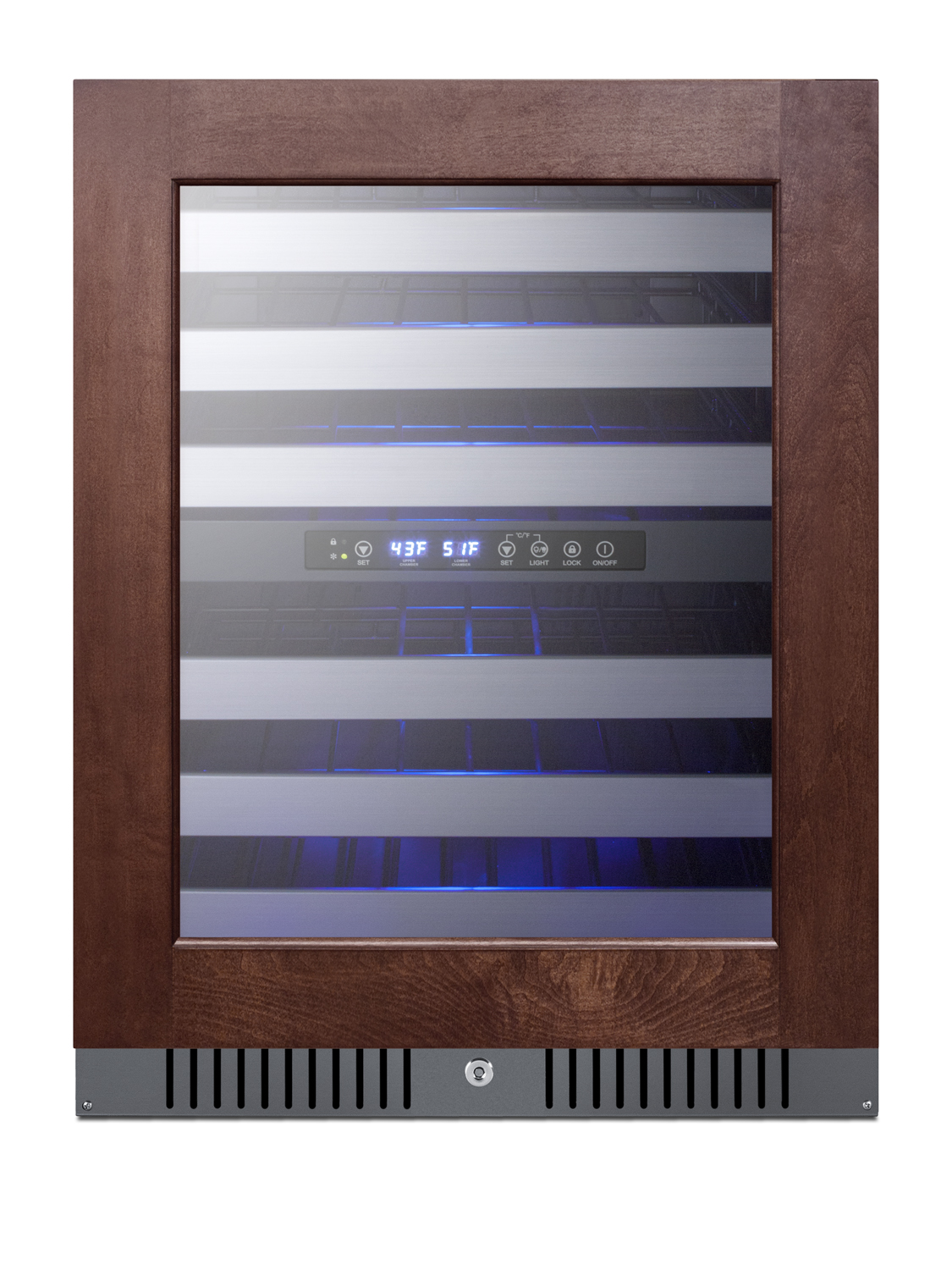 ADA compliant dual zone built-in wine cellar designed for the display and refrigeration of up to 46 bottles, with digital thermostat, panel-ready glass door, and black cabinet
